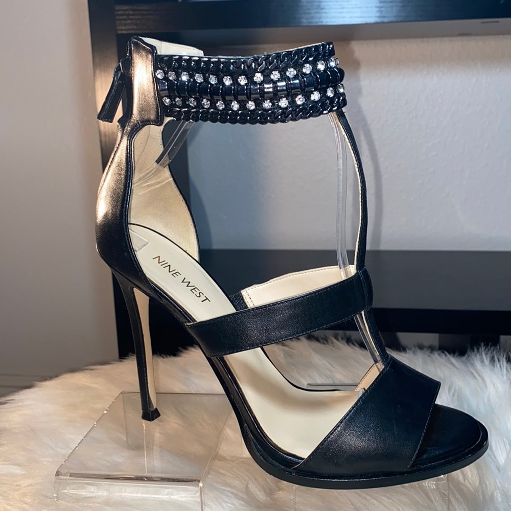 ▪️🖤▪️NINE WEST CHRYSTAL STUDDED ANKLE STRAP OPEN TOE HEEL▪️🖤▪️